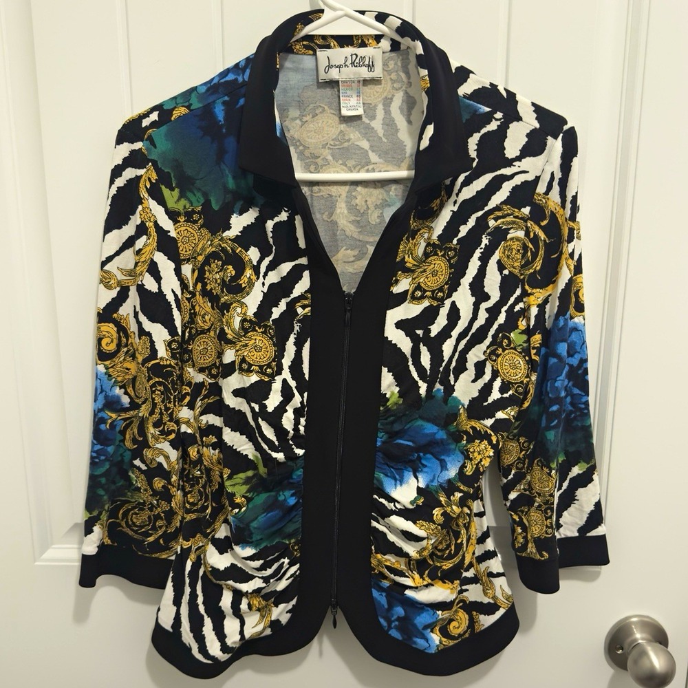 Joseph Ribkoff Women Jacket Black White Blue Gold Animal Print Full Zip Size 10